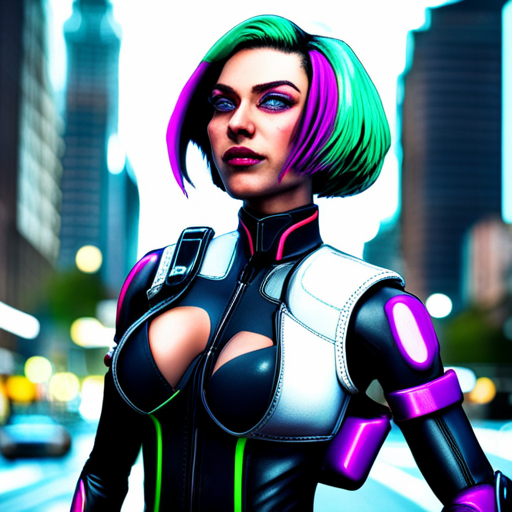 Starla, a cyberpunk woman with shoulder-length purple hair, chuckles as she looks up from her bike. She wears a neoprene jacket with neon colored piping. Starla gestures towards her display of wetware devices and implants, ready for sale.