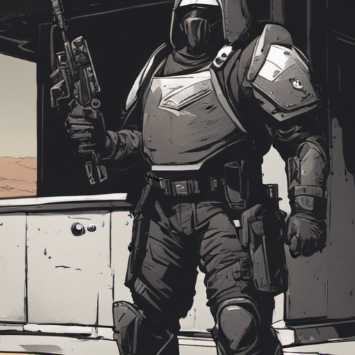 An armored corpo guard stands in front of a matte black security hut in the middle of the desert. He holds a stun baton and a riot shield, his eyes flickering with a trace of concern. The guard's face is stern, his hair shaved close to his scalp. The hot sun beats down on the scene, casting harsh shadows on the guard's angular features. A large fly buzzes around the hut, adding to the guard's boredom.