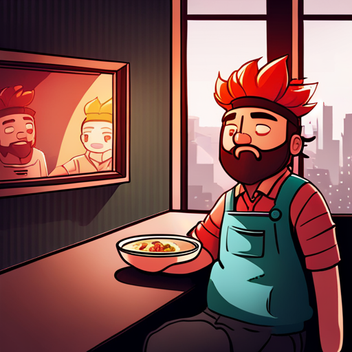 Kappa, the ramen cook with a bowl on his head, nods at Zeb and asks about his plans for the night. Zeb, a bearded man with a spikey mohawk, looks back at Kappa with interest. The tiny ramen restaurant has a red and white mural of the sunrise painted on the wall and smells amazing. Wrewdison, a tall fit man with a beard and slightly messy hair, sits at the end of the bar.