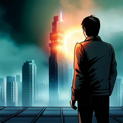 Roger Wilco stands before the control unit, shutting off the monster attack projector. The holographic image of the towering kaiju monster vanishes, leaving behind a calm and peaceful city. The docks, once ablaze, are now still, and the air is clear of ash. In the distance, the sounds of explosions fade away. However, the massive kaiju monster, resembling a mutated capybara, remains, standing 200 feet tall, exuding a sense of sadness.