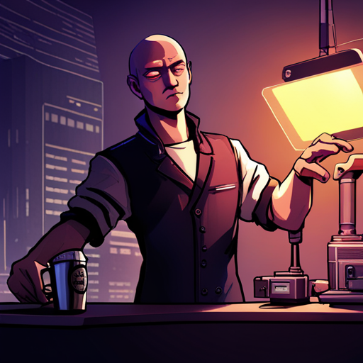 Zeb sees Ratz, a gruff German bartender with a shaven head and a robotic arm, offering a strong coffee. The dimly lit Chatsubo is filled with deck jockeys and loud electronic music. 
