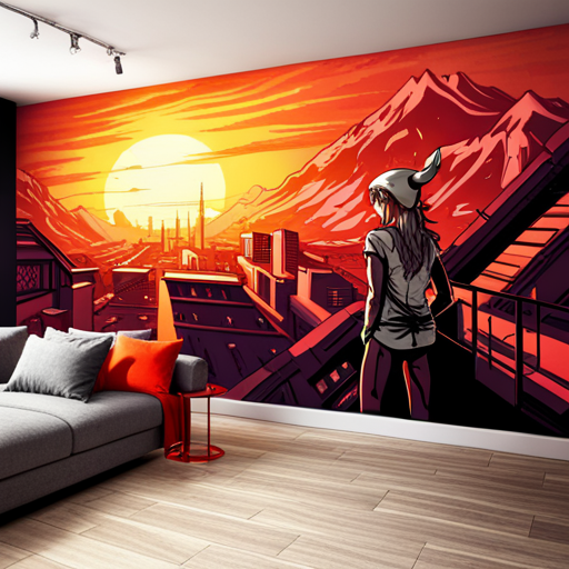 Basic Elf sees a red and white mural of a sunrise on the wall of Ramen Heaven. The bright colors and intricate details make it an impressive piece of art.
