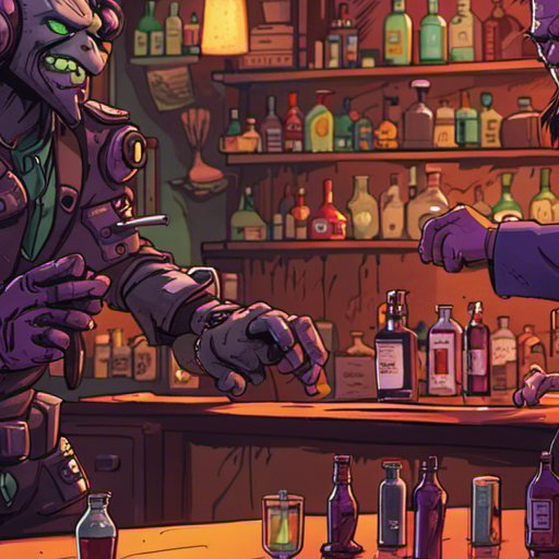 Zeb, with his angry face and venomous voice, confronts wrewdison. Ratz, the bartender, intervenes, his robotic arm thumping on the bar. The dimly lit bar, The Chatsubo, is mostly empty, with a long wooden bar dominating the space. The time of day is evening, and the weather is unclear.