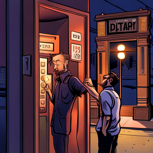 A bearded man with a spikey mohawk, Zeb, stands in front of a classic rotary dial payphone in a phone booth. He checks the coin return and discovers a quarter. On the outside of the glass door, there is a cult of the dead cow sticker. Despite its age, the payphone has a mysterious dataport. The city lights reflect off the low clouds overhead, creating a dimly lit and damp atmosphere. People wander in and out of the nightclubs nearby, seeking fun or trouble.
