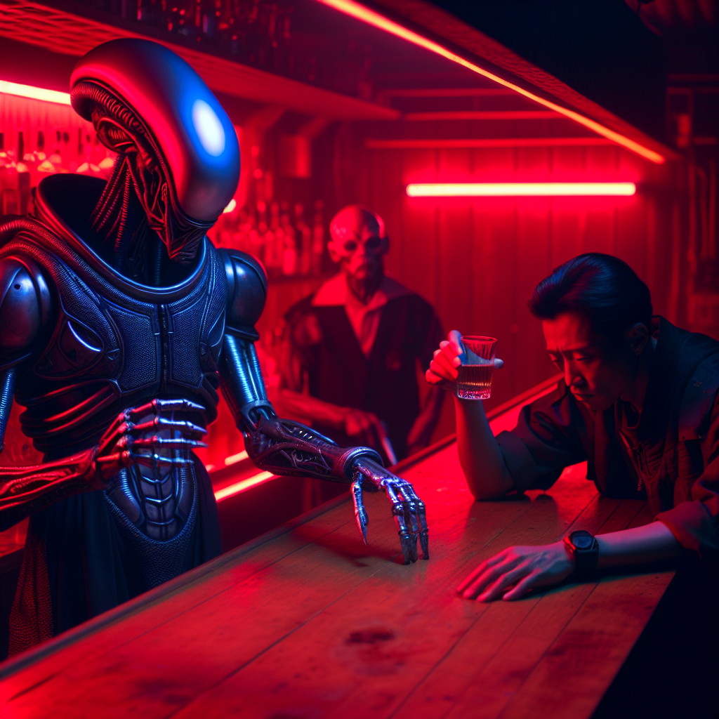 1. A blue alien in an iron suit stands near a wooden bar, under dim red lights. A bald bartender with a robotic arm wipes a glass. A drunk man slumbers, head on the bar.