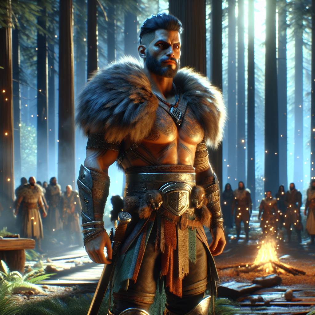 A muscular barbarian, fur-clad, stands in a sunlit forest clearing, furrowing his brows. Tall boots on his feet, a sword at his side, he exudes a fierce determination for questing glory. Around him, travelers disperse near a campfire's remnants, dust motes dancing in the morning light.