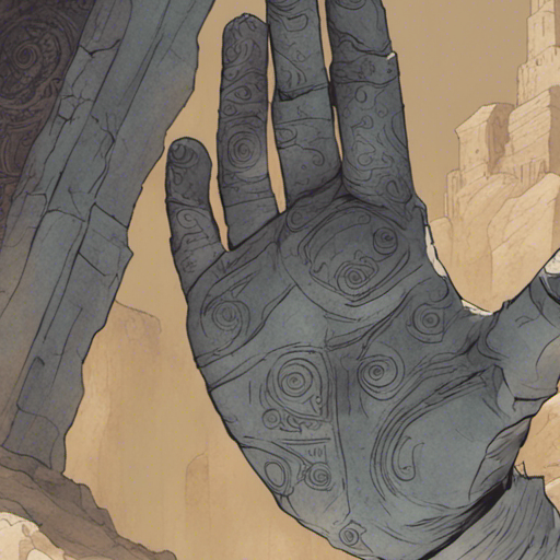 Thraeryn's outstretched hand hovers just inches away from the ancient scrolls, but an invisible force repels them, causing them to float out of reach. The scrolls, adorned with intricate symbols, radiate a faint magical energy. The Chasm looms in the background, with its sheer cliff walls and geometric boulders, casting an eerie shadow. Thraeryn must find another way to claim the scrolls.