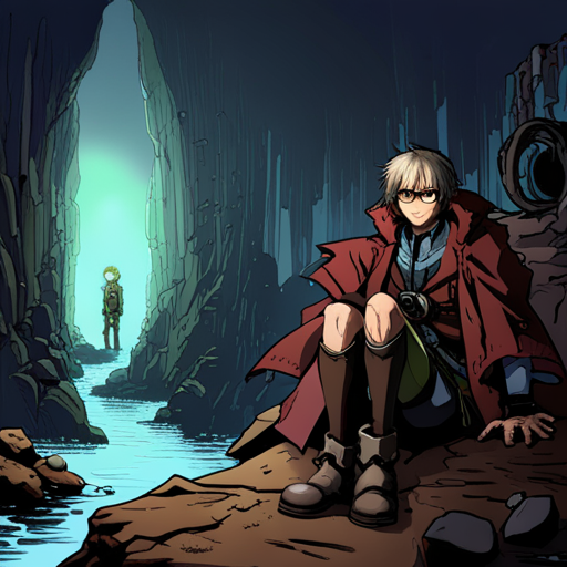 Cage, a pale, lanky man with greasy hair, stands at the mouth of a cave in The Chasm. His glowing goggles illuminate the dim cave as he surveys the scene. He wears tall boots that splash in the water, and a large pack containing outdated gear is slung over his shoulder. A very large knife hangs from his belt.