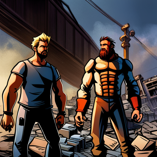 Zeb sees Cage, a pale man with greasy hair and tall boots, raising an eyebrow at him. They stand in front of a collapsed warehouse with destroyed structures and sizzling powerlines. A fallen beam has torn a gash in the ground leading into the sewers. Nearby, there is a strange device and a cargo loader. Zeb, a bearded man with a spikey mohawk, wears a sleeveless black shirt and loose pants with lots of pockets.
