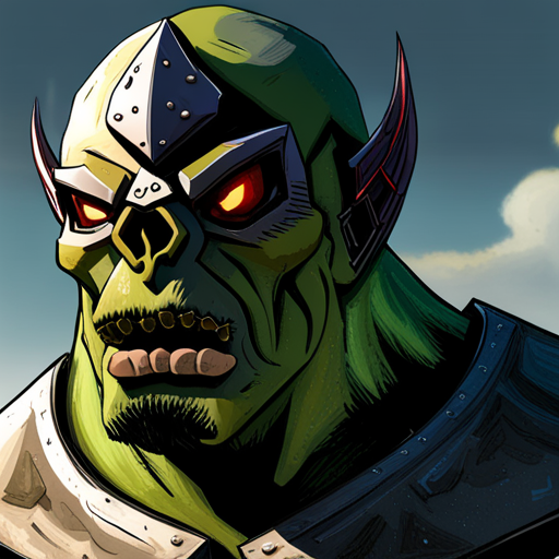 The orc skull helmet has flattened and broken teeth, and deep gouges in the skull, giving it a menacing appearance. Zeb feels victorious and proud wearing it.
