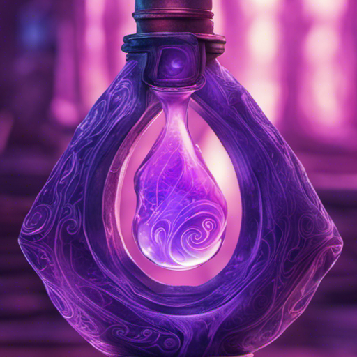 In the photo, a small vial filled with a purple liquid sits on a pedestal. The vial has intricate patterns etched onto its glass surface, giving it an enchanted appearance. The liquid inside swirls with a vibrant glow, emanating a faint magical aura. The object forge hums with energy as time passes, creating this mysterious potion. The location is a Loading Screen, an endless white expanse. It is a place to get oriented and acquire gear before entering the game. The weather is unknown, as it is not mentioned in the scene.