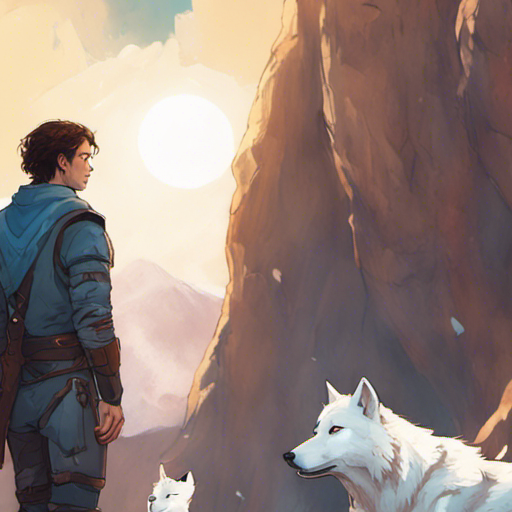 Thraeryn stands outside the mountain cave, looking at the next adventurer and his new friend. The adventurer, a young man with brown hair and determined eyes, stands tall and confident. His new friend, a majestic white wolf with piercing blue eyes, sits faithfully by his side. The sun shines brightly, casting a warm glow on the scene. The air is crisp and fresh, filled with the promise of adventure.