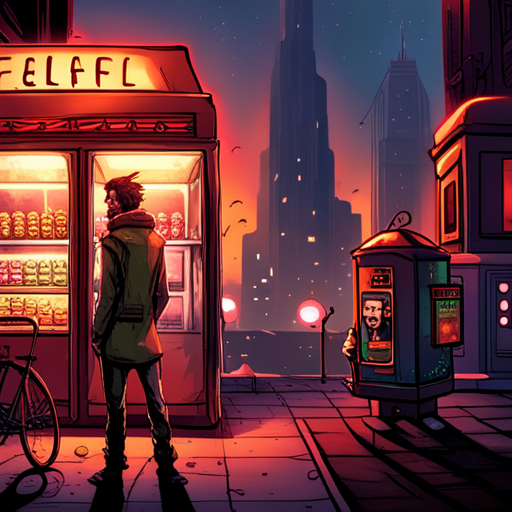 Basic Elf sees Falafel guy handing over a hot falafel with hot sauce. Falafel guy has a thick mustache and is standing next to a small food cart. The falafel smells delicious. Motty is inside a phone booth, preoccupied with graffiti. The city is dark and damp, with thumping baselines echoing from nearby nightclubs.