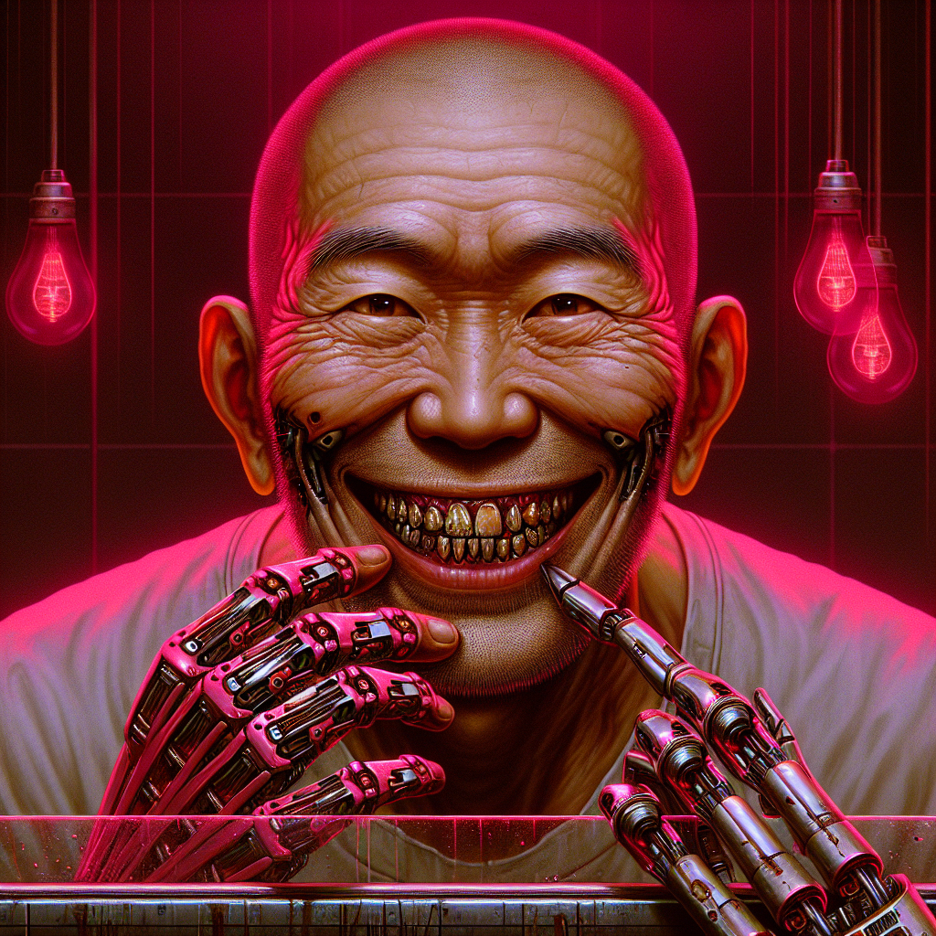 1. A shaven-headed man with squinty brown eyes and a wrinkled face reveals decayed teeth and steel prosthetics in a smile. His robotic arm, a grubby pink plastic limb, twitches above the bar in dim red light.