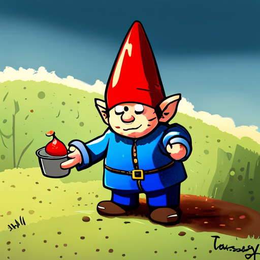 Zeb sees a small gnome with a pointy red hat and blue coveralls snacking. The gnome greets him with a smile and offers his assistance.
