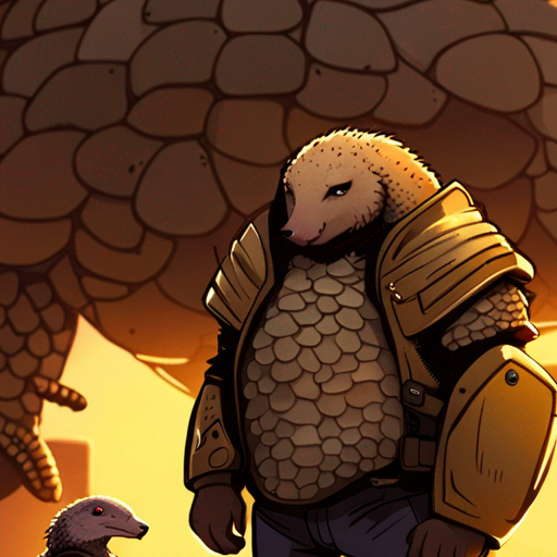 Potato stands in front of Pangolin, who looks at him with a raised eyebrow. The sun sets behind them, casting a warm golden glow on the dusty wasteland crossroads. Pangolin, a human-sized mutant covered in armor-like scales, scratches his long nose with his even longer, sticky tongue. Potato, a tall potato with a denim jacket, listens intently as Pangolin warns him about the treacherous south and the rumored mutant feline.