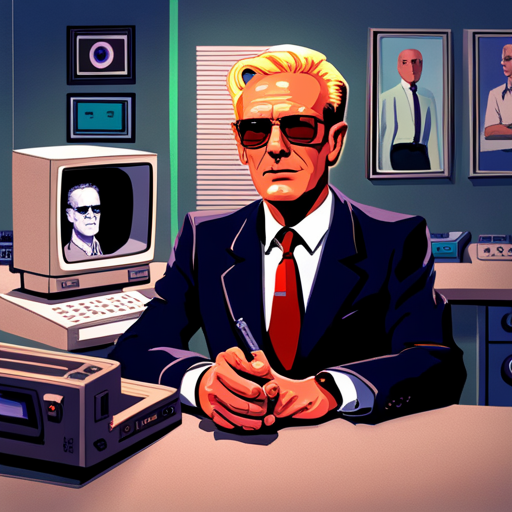 Basic Elf offers help to Theora, who declines. Basic Elf then scans through piles of CRT TVs, most showing static, but some displaying 80s commercials and random images. Max Headroom appears on one of the screens, wearing black sunglasses and being sarcastic. Theora, with dark shoulder-length hair, sits at her desk, focused on a live video stream. The control room is dark and cramped, with neon lights and stacks of TVs.