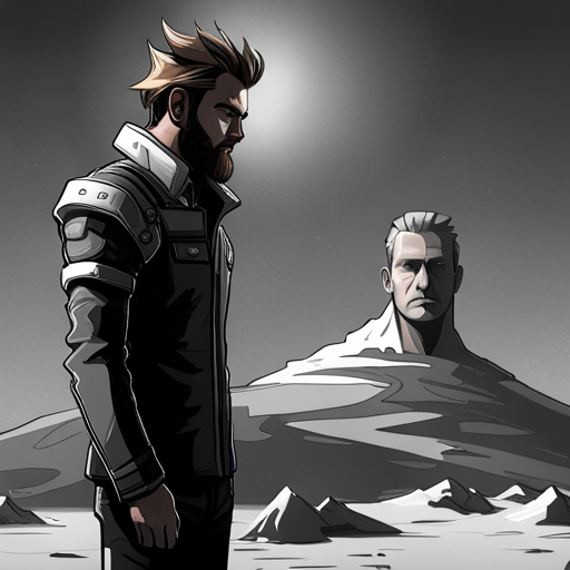 Zeb, a bearded man with a spikey mohawk, looks at the flickering hologram of Ben Brown, an internet pioneer from the 21st century, while standing in the endless white expanse of Loading Screen. 
