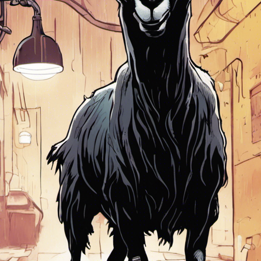 A black goat with curved horns tilts its head, a mischievous glint in its eye. It stands in a grimey alley, rain lightly falling, under a flickering lightbulb. Spraypainted on the wall is the word "Hell." Agent Cooper, a pale man in a black trench coat, looks at the goat with intrigue.