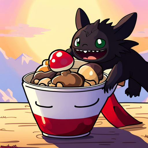 Truffle, a small mushroom person with a red cap and toothless grin, giggles happily as Zeb lifts him up in Ramen Heaven. The restaurant has a red and white mural of the sunrise on the wall, and Fredrick and Lazarus are also present.
