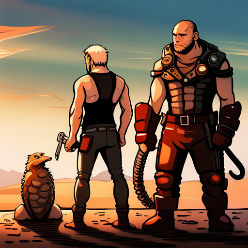 Potato sees The Mechanic working on a motorcycle while Pangolin stands guard. The Mechanic is shirtless with multiple facial piercings and leather pants. The motorcycle is almost complete, with metal sheets and water nearby.
