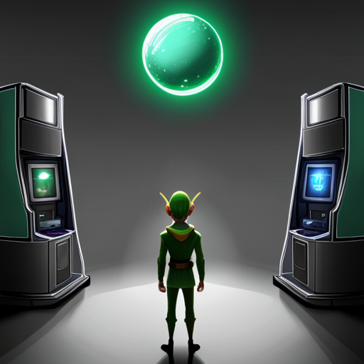 Basic Elf sings with energy, basking in the warm glow of the green orb in Loading Screen, surrounded by a hologram of Ben Brown and a vending machine.
