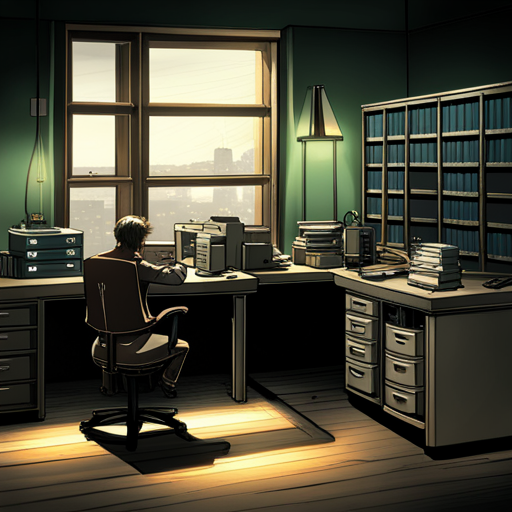 Targus sees Ratz's dimly lit office with a wooden desk, filing cabinets, and shelves. Nothing out of the ordinary catches his eye.
