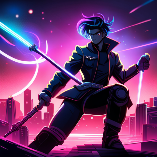 Zeb swings the black steel mace, morphing it into a sleek black sword. Neon lights illuminate Cyberdelia as he effortlessly twirls the sword, captivating the crowd with his skill and style.
