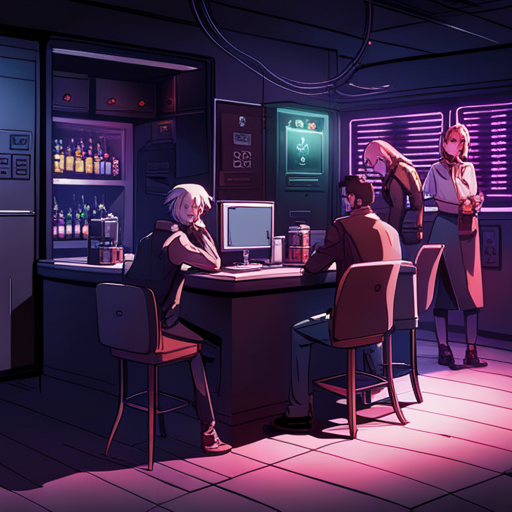 Lazarus smirks at the screen, displaying a large ASCII frowny face. Fredrick looks on as the dim red lights of The Chatsubo illuminate the cramped bar. Ratz tends the bar, while a drunk sleeps nearby. Zeb and Dixie Flatline are also present. 
