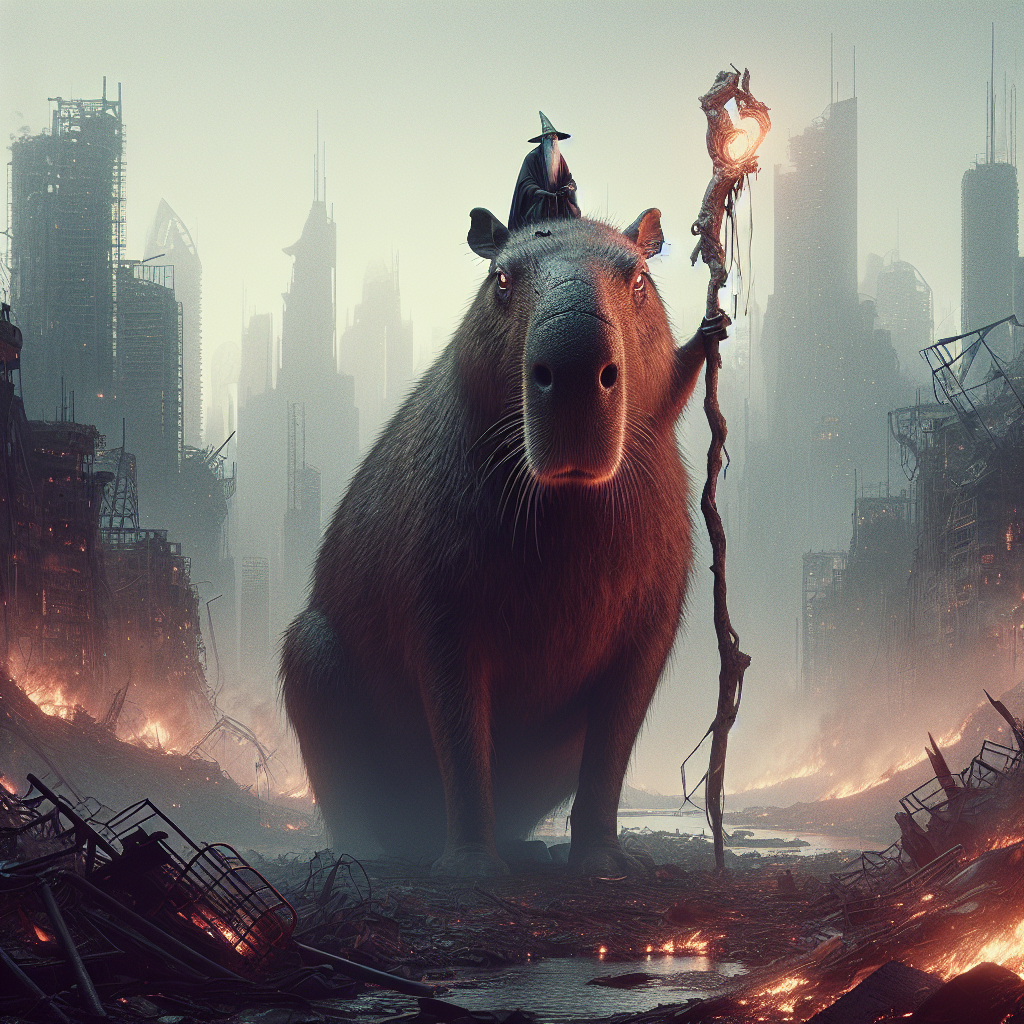 A towering capybara kaiju lumbers amidst smoldering ruins, its eyes reflecting sorrow and rage. A tall, gaunt wizard atop, brandishes a gnarled fire staff, its orb aglow, guiding the beast through the ash-filled dusk.