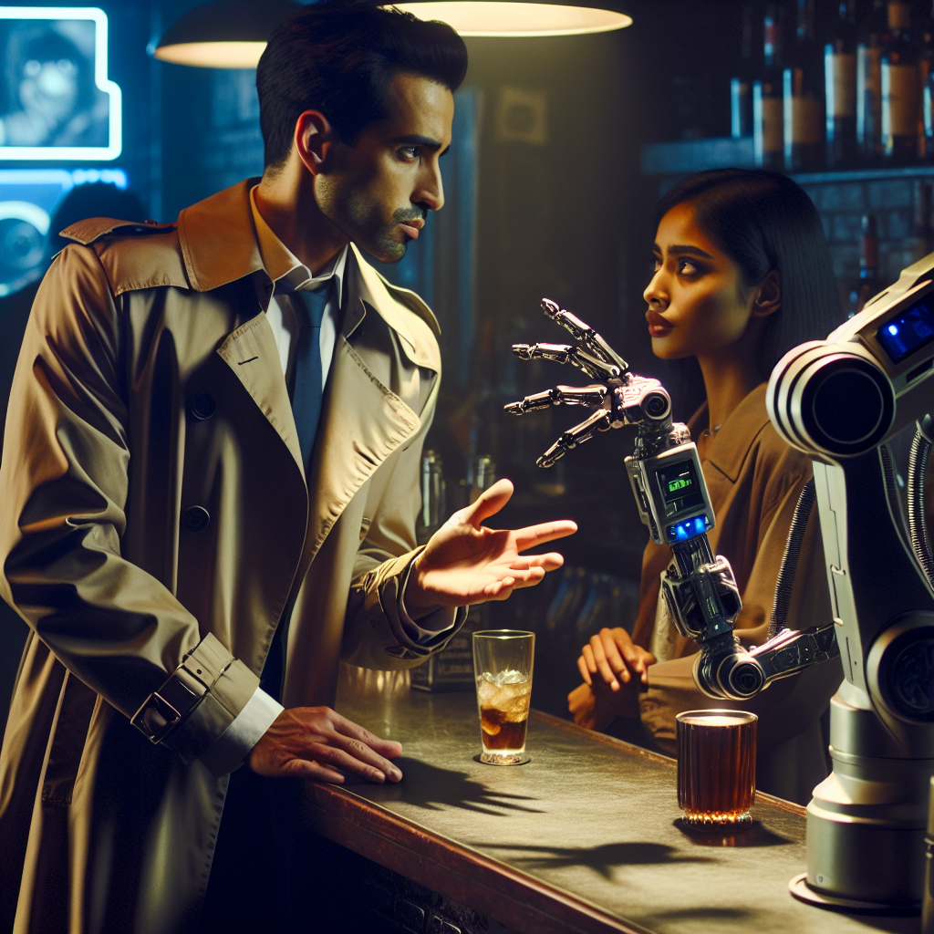 A figure in a trench coat exchanges a secretive glance with a contact at a dimly lit bar, both poised with an air of conspiracy. A robotic-armed bartender observes from behind the bar.