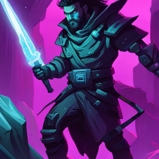 Zeb stands in a dimly lit mountain cave, holding a sleek black box. He opens it, revealing a gleaming blade with a dark aura. Zeb wields the Necrosword against Jorm the Sorcerer, the blade pulsing with eerie energy, empowering his strikes. The air is tense with impending battle.