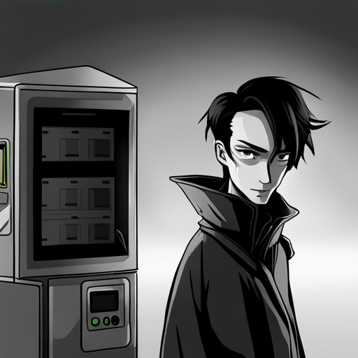 Thangkred gazes at the vending machine, hoping for a gunblade. The digital touch screen remains unresponsive, but a strange portal inside catches his eye.
