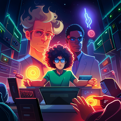 controlfreak, with their wild curly hair and glasses perched on their nose, sits at a cluttered table in Cyberdelia. Fingers fly across the keyboard as they desperately try to hack into the impenetrable security systems. The neon lights and smoke-filled room create an intense atmosphere as controlfreak battles against the firewalls and encryption protocols. The Wipeout videogame console sits nearby, a reminder of the virtual world they are trying to conquer.