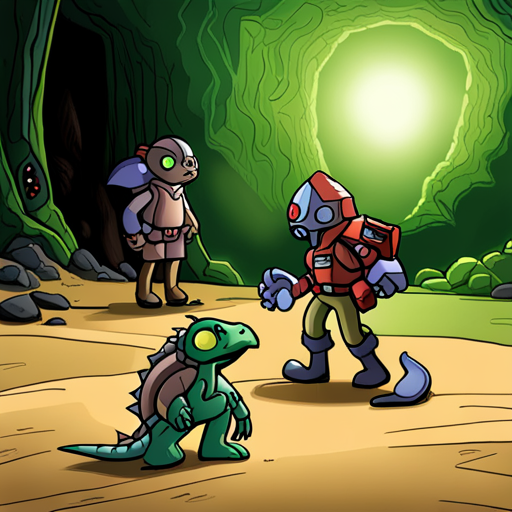 Wrewdison sees footprints leading deeper into the dimly-lit cave system. They notice the faint green glow of an axolotyl's frilly gills and a dusty, locked crate. They hear small creatures scurrying in the distance. In the nearby bend, someone softly mumbles to themselves. A human-sized Pangolin mutant is also present, covered in armor-like scales with a long nose and sticky tongue.