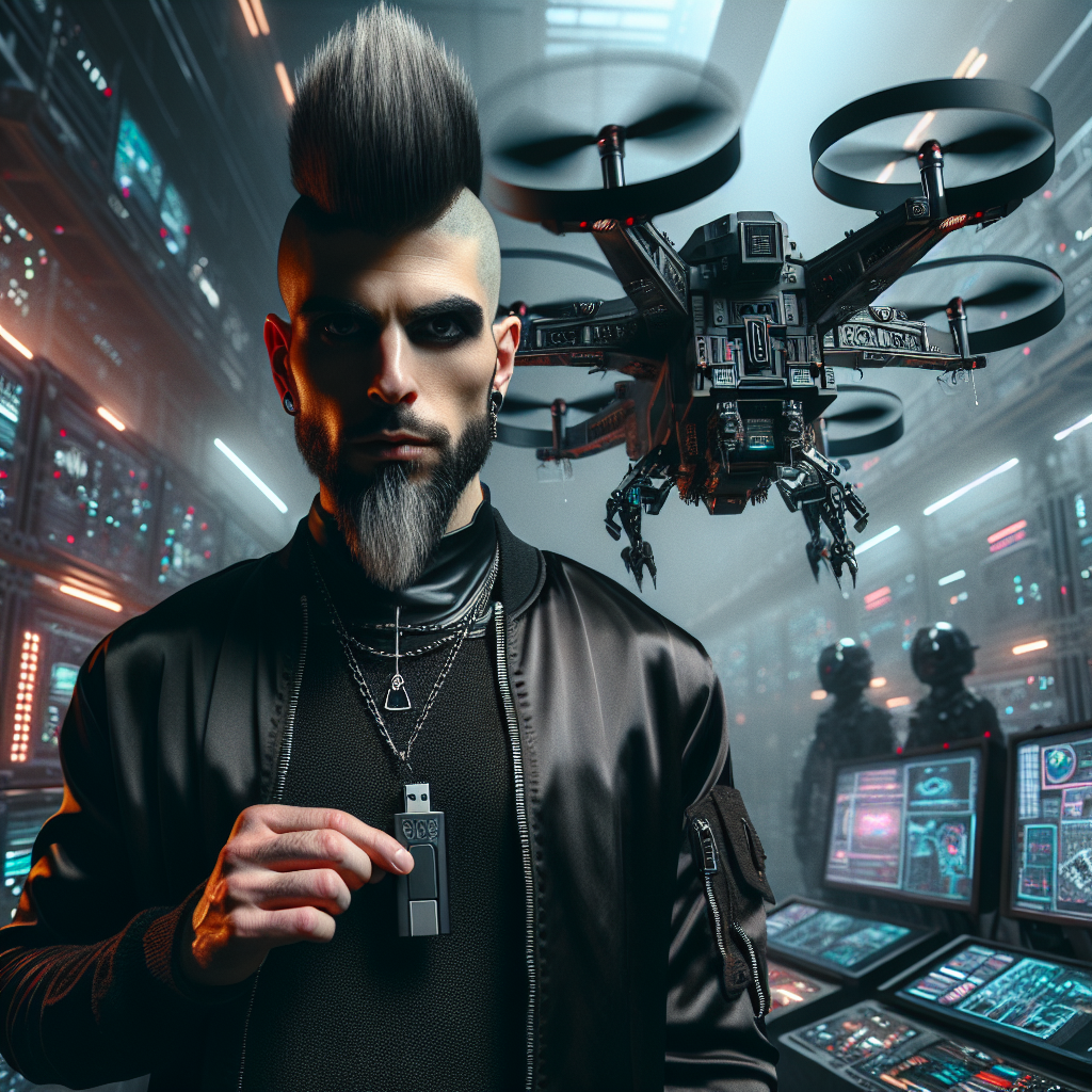 1. A sturdy drone hovers, equipped with sensors and a laser cutter, amidst a command deck's chaos. A man with a mohawk and pointy beard, clad in black, stands nearby, a USB drive hanging around his neck.