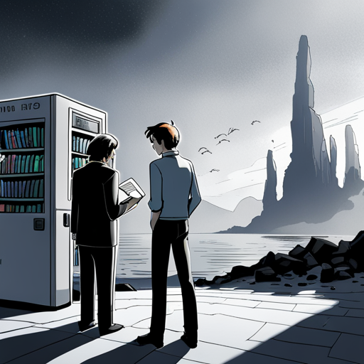 Vince sees a well-kept book in his fins. In the endless white expanse, a flickering hologram of Ben Brown stands in front of him. To his right, a vending machine emits foul smells and farting sounds.