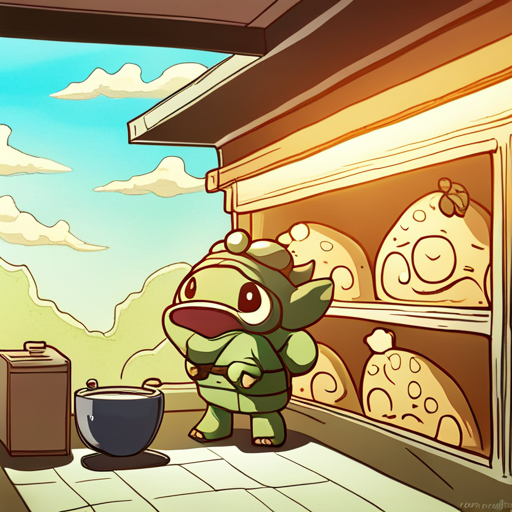 Insert sees Kappa inspecting the wall behind the sunrise mural in Ramen Heaven. Kappa, a large turtle with a bowl on his head, explains there's nothing special behind it. 
