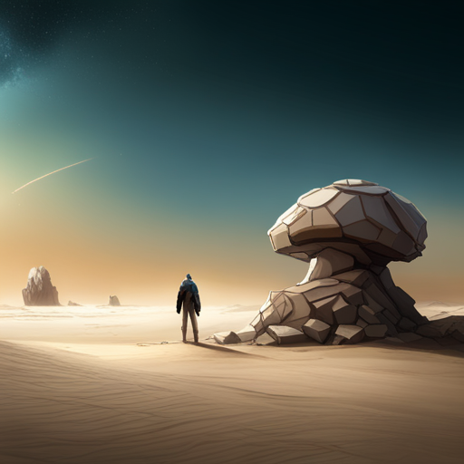 Wrewdison stands in a vast desert plain, with a rocky formation providing some shade. The wind whips up sand and dust, causing low visibility. To the north, an outpost is visible, but there is little activity. No sign of a tech facility or any man-made structure is seen. A human-sized Pangolin mutant covered in armor-like scales is nearby.