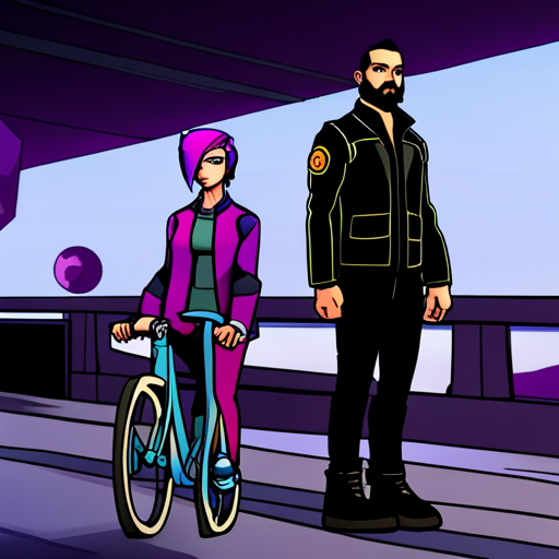 Wrewdison sees Starla pointing to a hole in the guardrail on the bridge, warning him of the dangerous Underbridge Gang. The cyberpunk woman with purple hair wears a neoprene jacket and stands next to her custom bike, while Wrewdison appears as a tall, fit man with a beard and slightly messy hair. 
