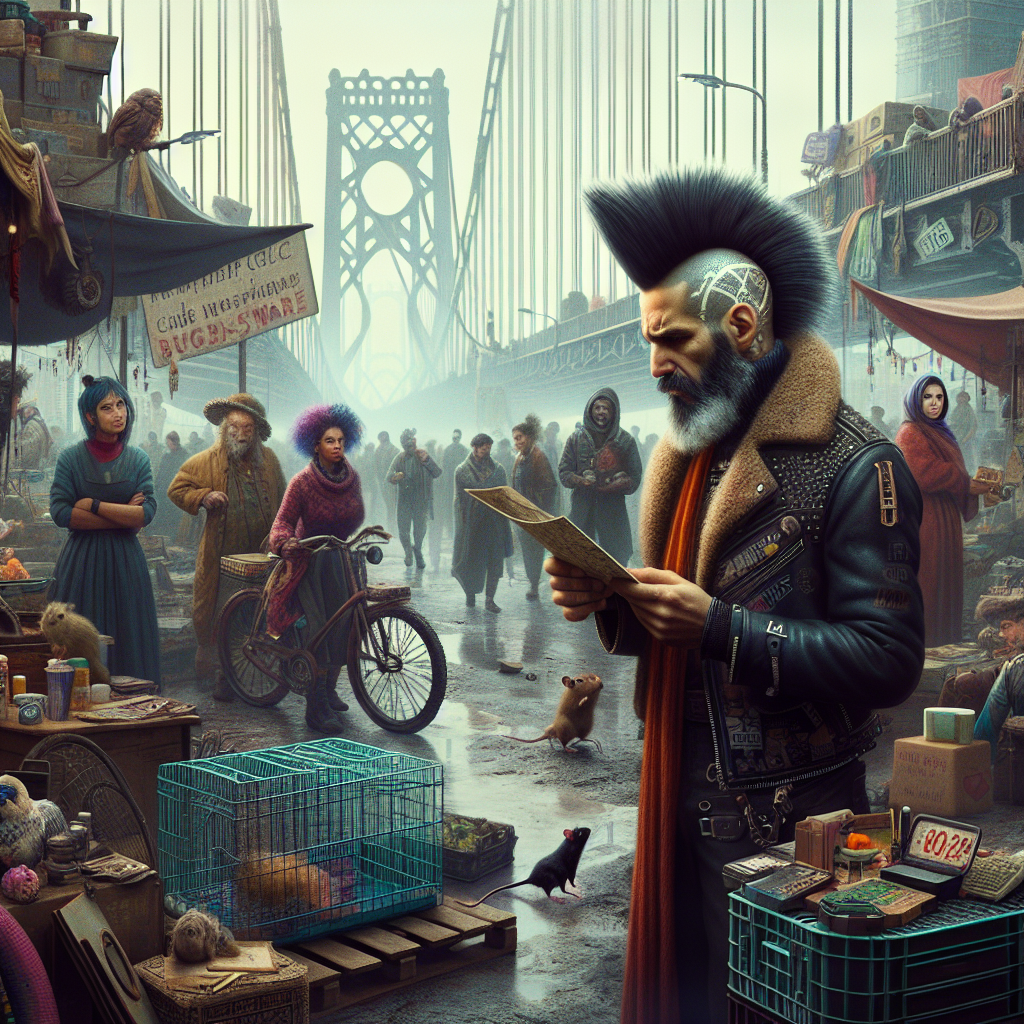 1. Amidst a bustling bridge, a middle-aged man with a fuzzy mohawk and a white streak stands with a map, surrounded by merchants and makeshift shelters. A cyberpunk woman with purple hair sells wetware beside her bike, while a teenager with a caged rat watches.