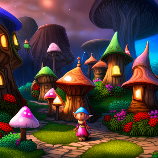Basic Elf uses Squack's light to illuminate the mushroom village. The villagers have distinct features such as pointy ears, bright green hair, and oversized noses. The homes themselves seem to glow as well, decorated with colorful flowers and vines.