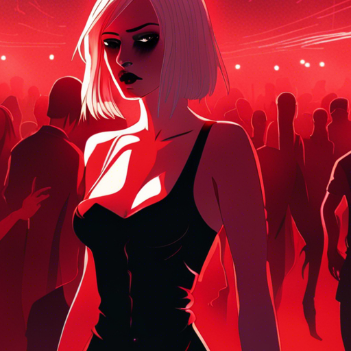 A strangely pale woman in a blood red velvet dress stands alone on the crowded dance floor of a goth club. The pulsating beats of the music and the tantalizing energy in the air seem to captivate her, leaving her uninterested in conversation. A rotund man wearing a mesh shirt and leather pants stands nearby, observing her. The scene is set in Devil's Night, inside a warehouse transformed into a goth club, with a large stage above the dance floor and a bar lining the far wall.