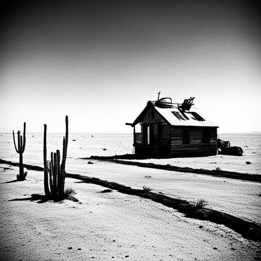 Zeb's eyes focus on the grainy black and white video feed, revealing a barren desert landscape outside the hut. Tumbleweeds roll by, adding a sense of desolation to the scene. The same view is visible through the window, creating a seamless connection between the real world and the video feed.