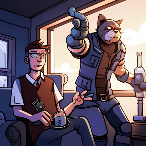 In the photo, Ratz is pouring Wrewdison a glass of water as the Cyberpunks retreat in disgust. Ratz is a gruff, imposing figure with a robotic arm, squinty brown eyes, and a wrinkled face. He wears a Russian military prosthetic arm that jerks monotonously as he works. Spot, Ratz's cat, sits calmly on his lap. The bar is dimly lit by red lightbulbs, and loud electronic music pulses in the background. A drunk man sleeps in a pool of his own drool nearby. The Ono Sendai Cyberspace 7 cyberdeck is visible on the bar.