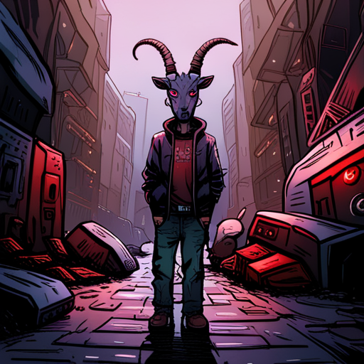 Zeb stands in a grimey alley, rain lightly falling. A black goat with curved horns stares at him with a strange glint in his eye. The goat suggests dark magic and bleats loudly. Spraypainted on the wall is the word "Hell." A minidisc lies nearby.