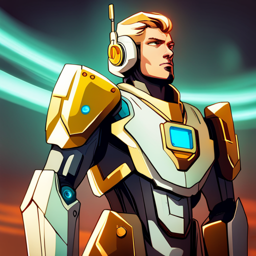 Dirk gazes at the towering mecha battle suit, its white and gold armor gleaming in the light. Equipped with a battle rifle and energy sword, it stands ready for action.
