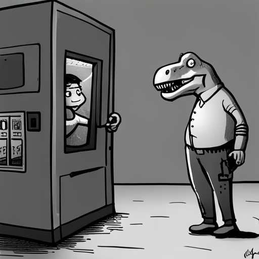 Zeb sees a life-size T-Rex robot costume in the corner of his eye as he approaches the vending machine. The machine emits an ear-piercing whirring noise and shuts down as he tries to purchase it. The vending machine appears to be fully stocked with food and gear items, but nothing out of the ordinary.