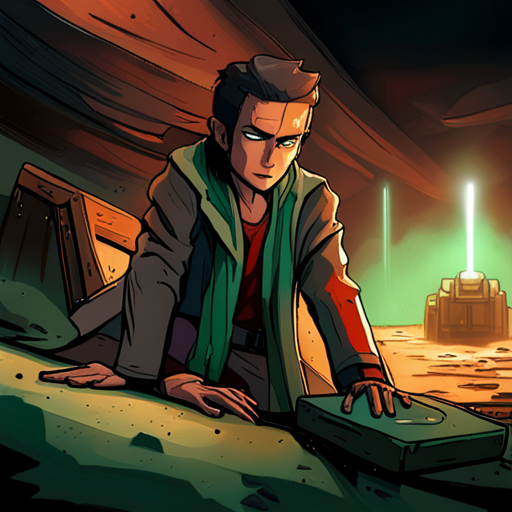 Thraeryn's gaze falls upon a dusty locked crate in the center of the cave, while a green-glowing axolotyl rests in the corner. The living area suggests someone has been residing there. Thraeryn, the incredibly red Villain of Hackers.Town, takes in the scene with a sharp eye.