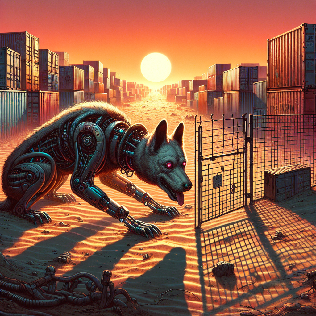 1. A three-headed dog with cybernetic enhancements digs determinedly beneath a gate, surrounded by a desolate desert landscape, rusted shipping containers, and a wire fence.